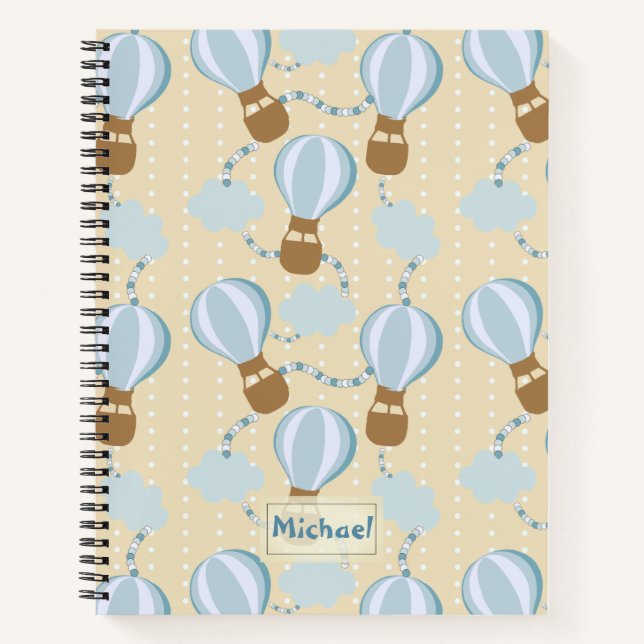 Cartoon Hot Air Balloons and Clouds Kids Pattern Notebook (Front)