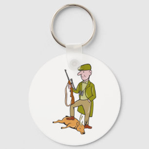 Cartoon Hunter With Rifle Standing on Deer Keychain