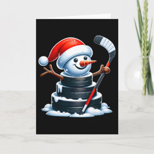 Cartoon Ice Hockey Puck Snowman With Santa Hat Chr Card