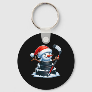 Cartoon Ice Hockey Puck Snowman With Santa Hat Chr Keychain