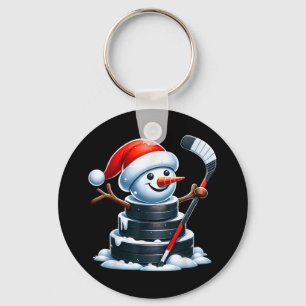 Cartoon Ice Hockey Puck Snowman With Santa Hat Chr Keychain