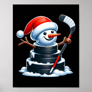 Cartoon Ice Hockey Puck Snowman With Santa Hat Chr Poster