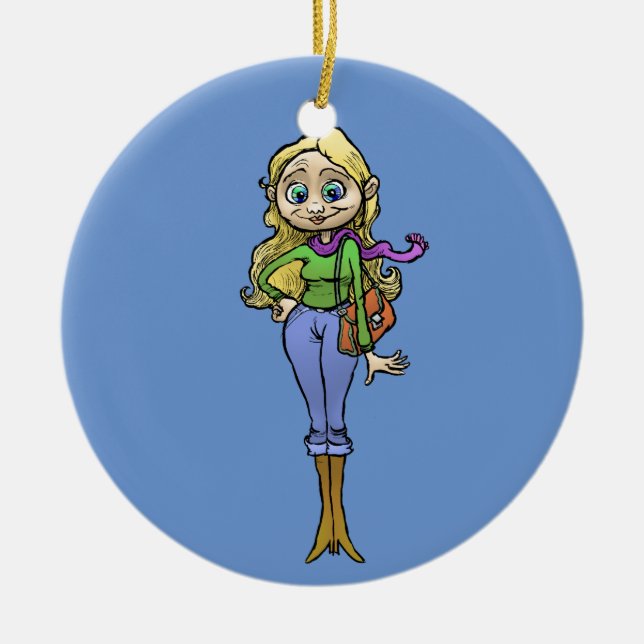 Cartoon illustration of a beautiful woman. ceramic ornament (Front)