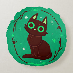Cartoon Illustration of a Black Cat Halloween Round Pillow