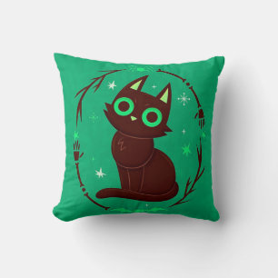 Cartoon Illustration of a Black Cat Halloween Throw Pillow