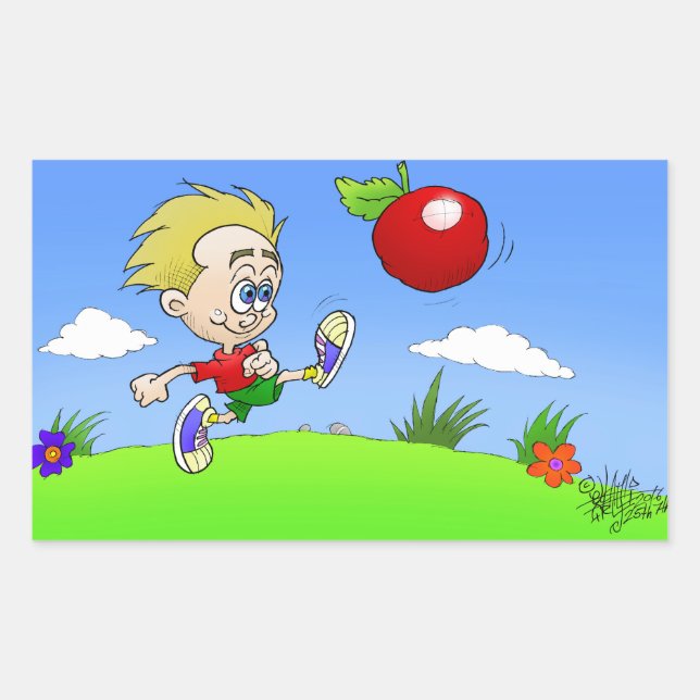 Cartoon illustration of a boy kicking a tomato. sticker (Front)