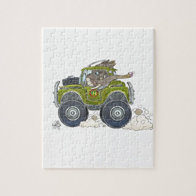 Cartoon illustration of a Elephant driving a jeep. Jigsaw Puzzle (Vertical)