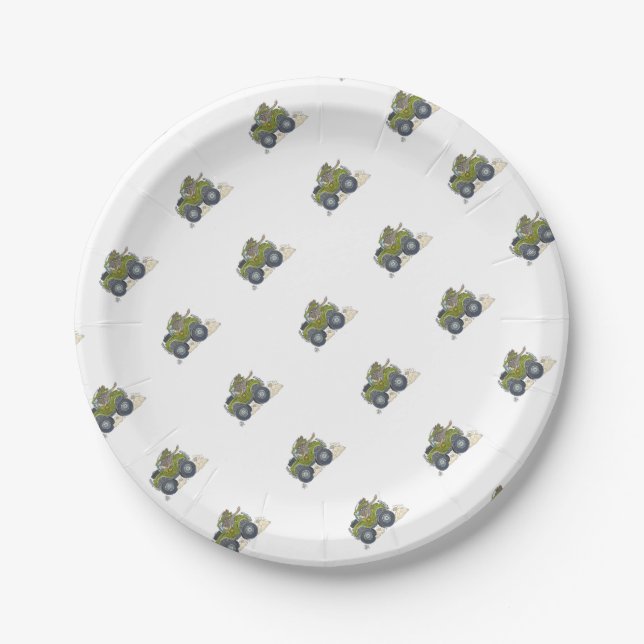 Cartoon illustration of a Elephant driving a jeep. Paper Plate (Front)
