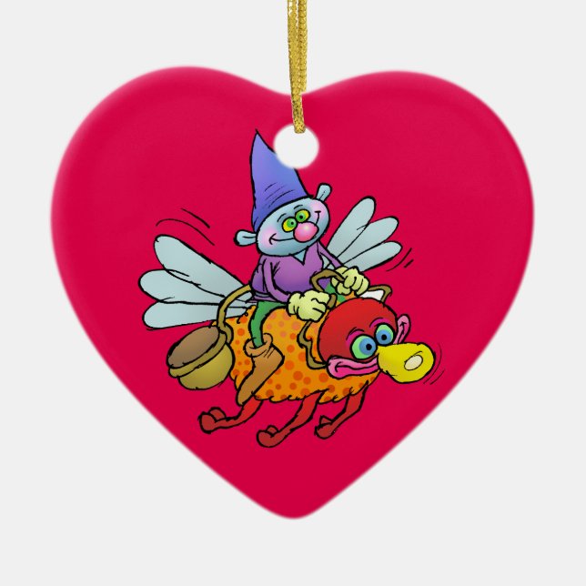 Cartoon illustration of a gnome riding an bee. ceramic ornament (Front)