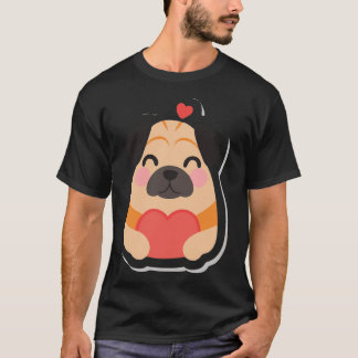 Cartoon Illustration of a Pug Holding a Red Heart T-Shirt