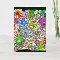 Cartoon illustration, of pigs, flowers and frogs.