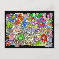 Cartoon illustration, of pigs, flowers and frogs.