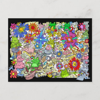 Cartoon illustration, of pigs, flowers and frogs. holiday postcard