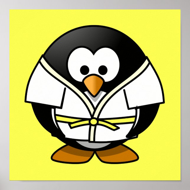 Cartoon Judo Penguin Yellow Background Poster (Front)