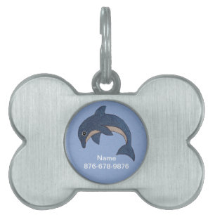 Cartoon Jumping Dolphin Dark Blue White Swirl Eye Pet ID Tag