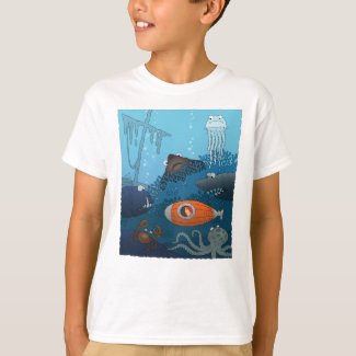 Cartoon Kid in Submarine explores Undersea World