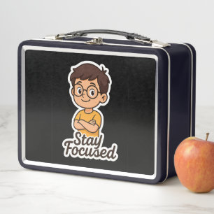 Cartoon Kid Sticker with Glasses – "Stay Focused Metal Lunch Box