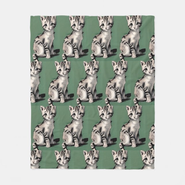 Cartoon kitten striped kitty voices green fleece blanket (Front)