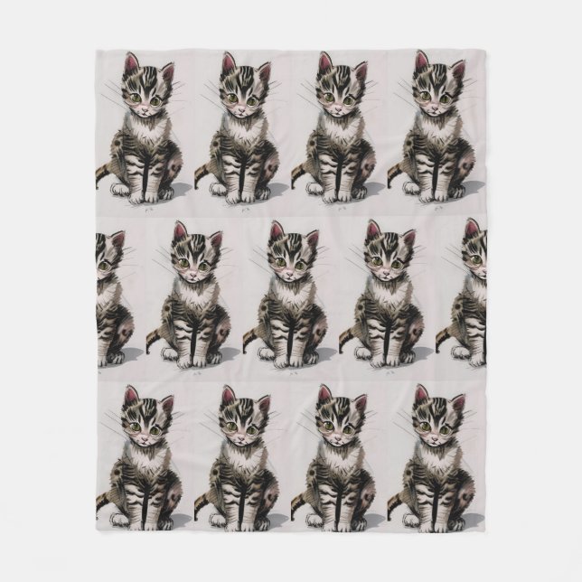 Cartoon kitten striped kitty voices grey fleece blanket (Front)