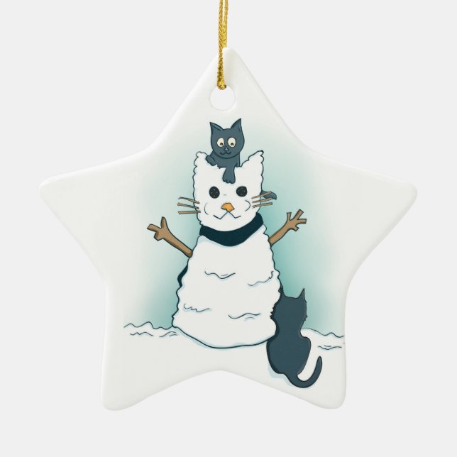 Cartoon Kittens Making a Christmas Snow Cat Ceramic Ornament (Front)