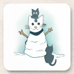 Cartoon Kittens Making a Christmas Snow Cat  Coaster