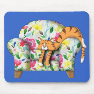 Cartoon Kitty asleep on a floral chair Mouse Pad