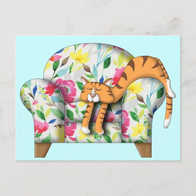 Cartoon Kitty asleep on a floral chair Postcard (Front)