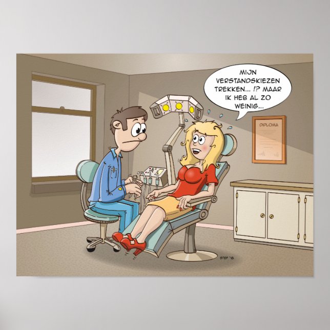 Cartoon; komt een blondje bij de tandarts. Poster (Front)