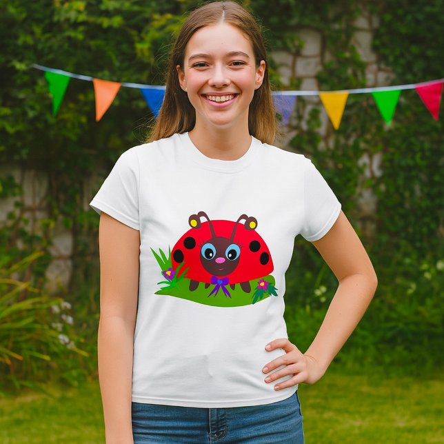 Cartoon Ladybug Bow and Flowers T-Shirt (Creator Uploaded)