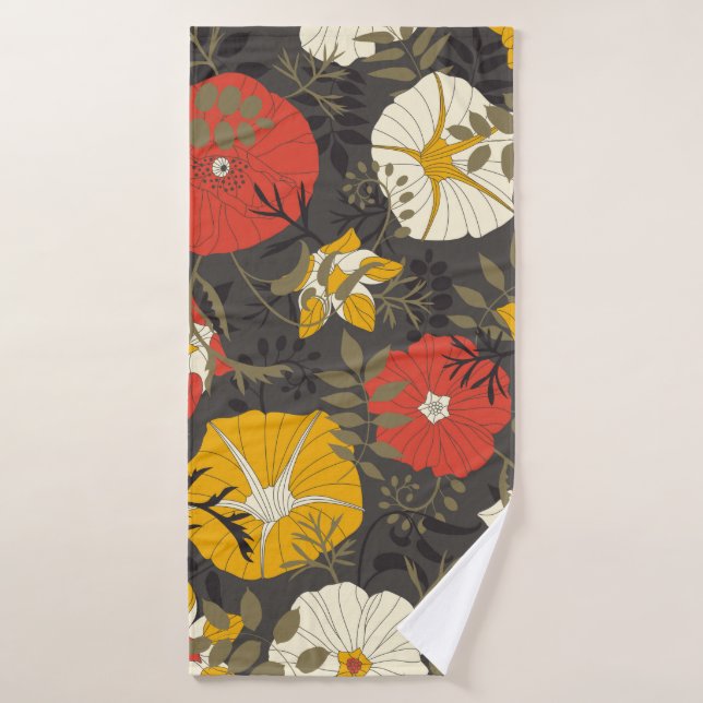 cartoon leaves and flowers on a dark background in bath towel (Bath Towel)