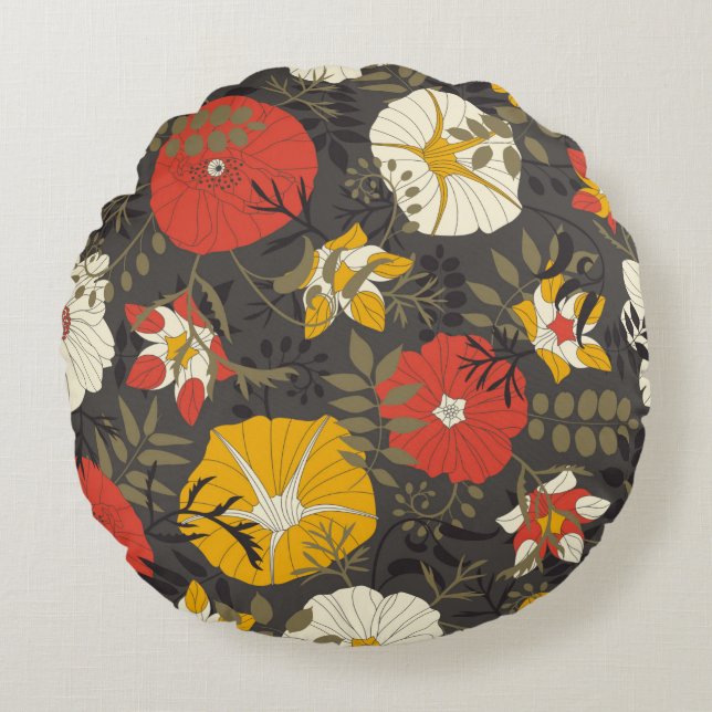 cartoon leaves and flowers on a dark background in round pillow (Front)