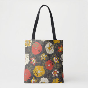cartoon leaves and flowers on a dark background in tote bag