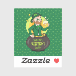 Cartoon leprechaun in a pot of gold holding a pint