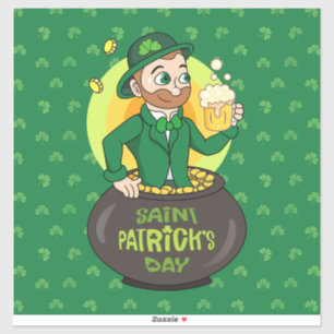 Cartoon leprechaun in a pot of gold holding a pint