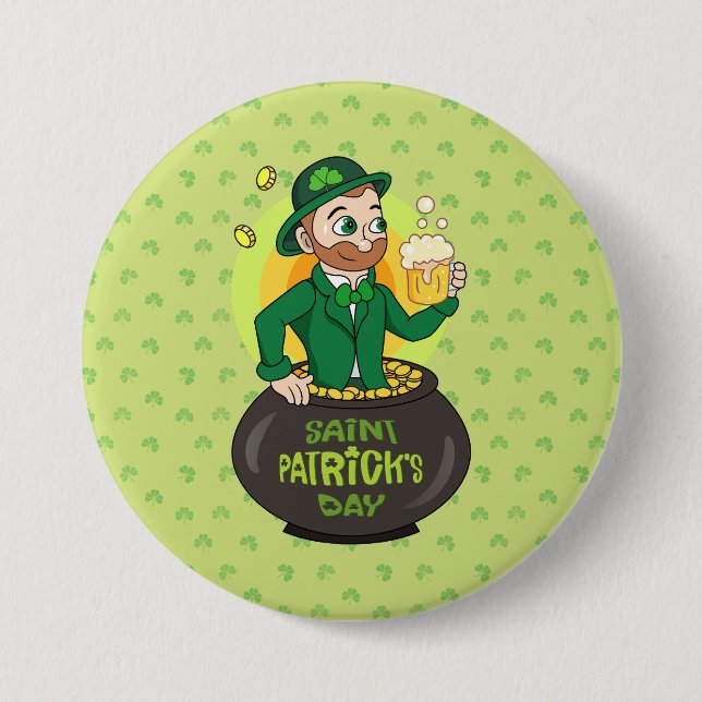 Cartoon leprechaun in a pot of gold holding a pint 3 inch round button (Front)