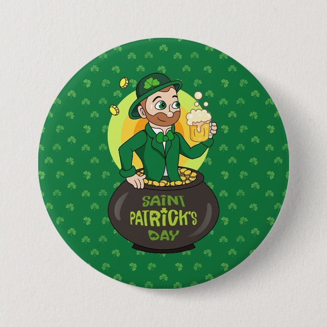 Cartoon leprechaun in a pot of gold holding a pint 3 inch round button (Front)