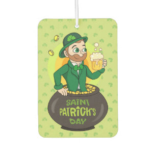 Cartoon leprechaun in a pot of gold holding a pint air freshener