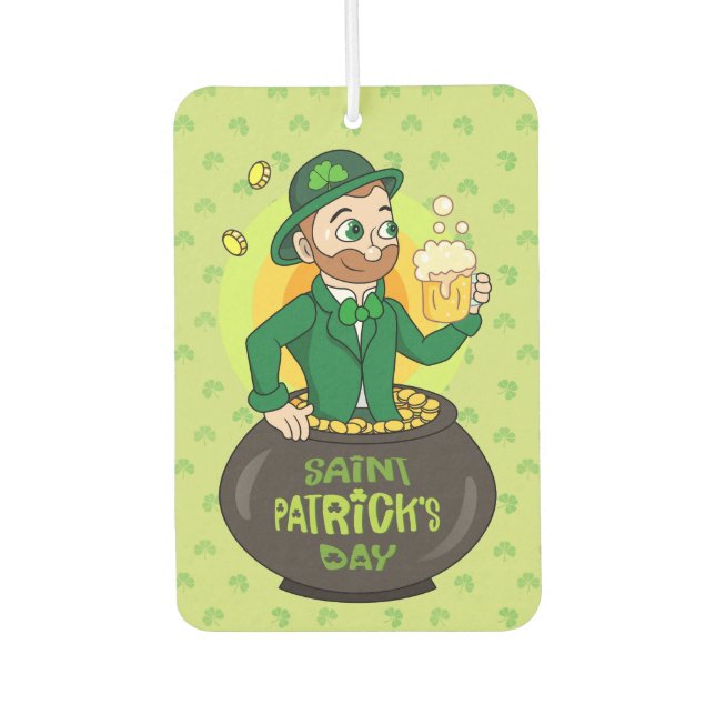 Cartoon leprechaun in a pot of gold holding a pint air freshener (Front)