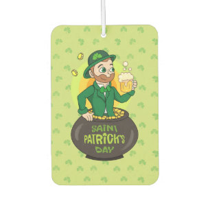 Cartoon leprechaun in a pot of gold holding a pint air freshener