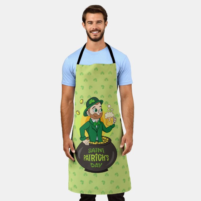 Cartoon leprechaun in a pot of gold holding a pint apron (Worn)
