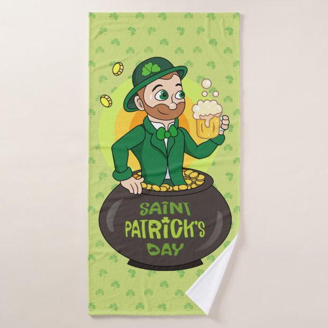 Cartoon leprechaun in a pot of gold holding a pint bath towel (Bath Towel)