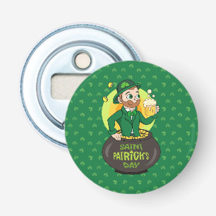 Cartoon leprechaun in a pot of gold holding a pint bottle opener