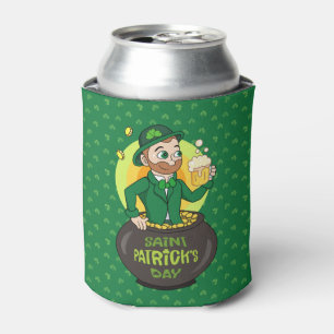 Cartoon leprechaun in a pot of gold holding a pint can cooler