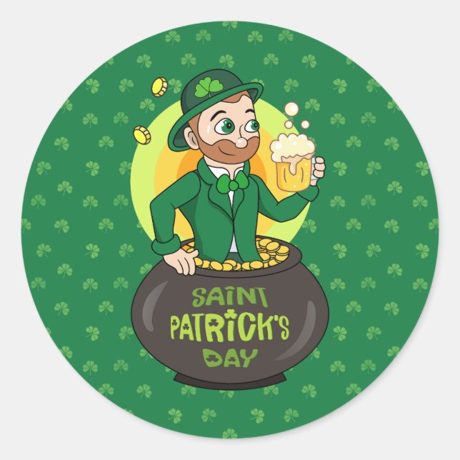 Cartoon leprechaun in a pot of gold holding a pint classic round sticker (Front)