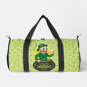 Cartoon leprechaun in a pot of gold holding a pint duffle bag