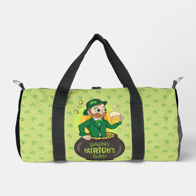 Cartoon leprechaun in a pot of gold holding a pint duffle bag (Front)
