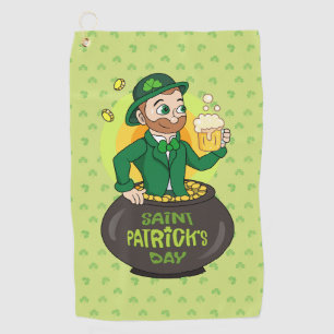 Cartoon leprechaun in a pot of gold holding a pint golf towel