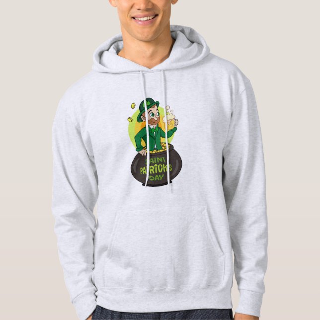 Cartoon leprechaun in a pot of gold holding a pint hoodie (Front)