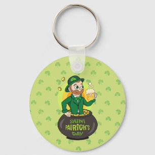 Cartoon leprechaun in a pot of gold holding a pint keychain