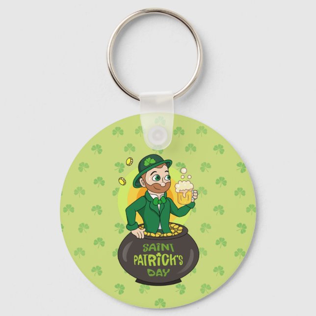Cartoon leprechaun in a pot of gold holding a pint keychain (Front)